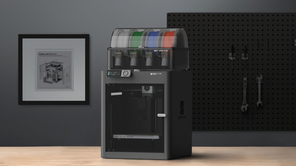 Image depicting BambuLabs P1S 3D printer and its attached AMS system