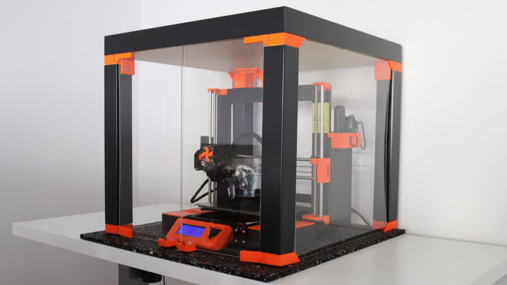 Image depicts an enclosure for a 3D printer that allows for temperature control, ensuring consistency in prints.